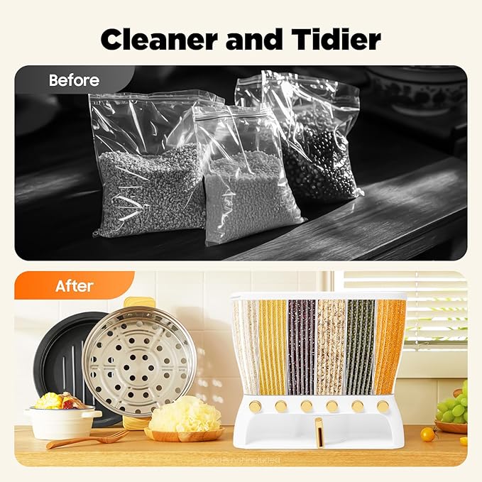 6 Grids Dry Food Dispenser Grain Rice Storage Dispenser with Measuring Cup, 22lbs Sealed Storage Tank for Home Kitchen, Detachable Partition