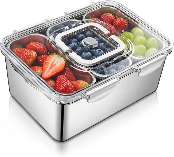 Extra Large 304 Stainless Steel Food Storage with 6 Divided Compartments & Individual Lids–240oz Meal Prep Container for Roasting Turkey, Bread, Fruits–Oven Safe, BPA Free, Dishwasher Safe