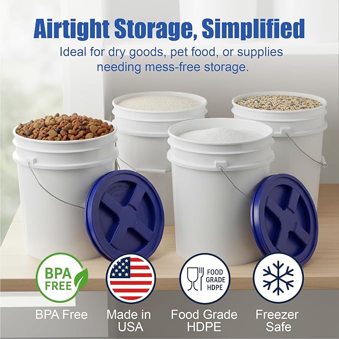 ePackageSupply 5 Gallon Bucket - Food Grade Bucket with Airtight Gamma Seal Screw-On Lid, BPA-Free, Heavy-Duty 90 Mil HDPE Plastic, Bulk Storage, Durable Container, Made in USA, White/Blue, 3 Packs