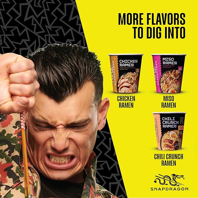 Snapdragon Chili Crunch Ramen Cup Noodles - 6 Pack Instant Ramen Bowl with Authentic Wheat Noodles, Soup Sauce Base, Vege Pack and Chili Crunch Oil. Microwave or Hot Water, Easy Meal Prep