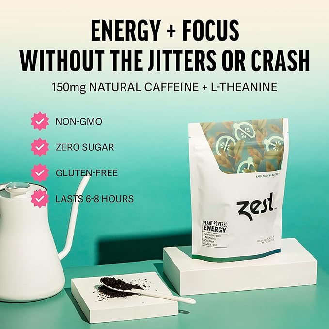 Zest Energy Black Tea - Earl Grey Loose Leaf Blend - High Caffeine Bergamot - Caffeinated Coffee Altnernative/Substitute - Natural, Non-GMO & Keto Friendly - Hot or Iced - 50 Servings - 150mg Caf
