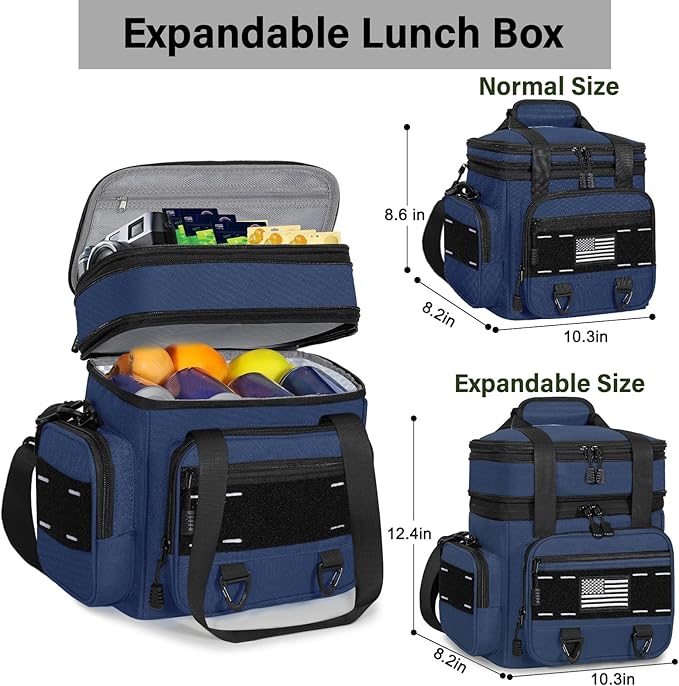 TENKIST Expandable Tactical Lunch Box, Large Insulated Lunch Cooler Bag Heavy Duty Leakproof Lunch Pail for Men Adults Work Office Outdoor Picnic Trips,16L,Blue