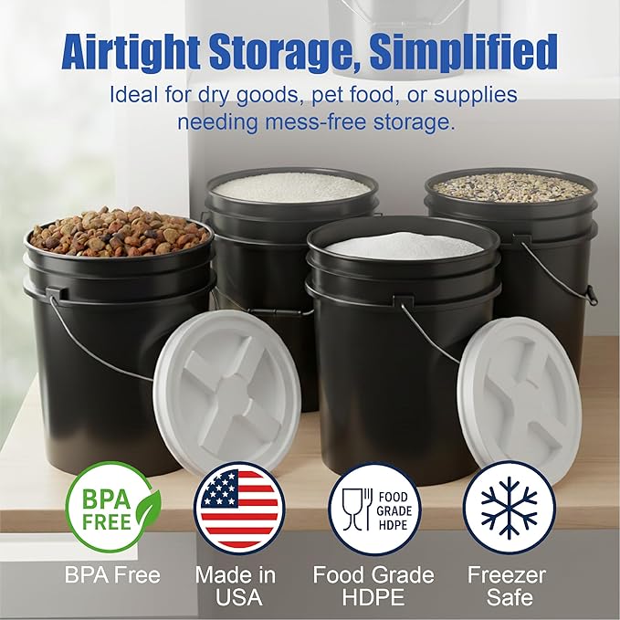 ePackageSupply 5 Gallon Bucket - Food Grade Bucket with Airtight Gamma Seal Screw-On Lid, BPA-Free, Heavy-Duty 90 Mil HDPE Plastic, Bulk Storage, Durable Container, Made in USA, Black/White, 6 Packs