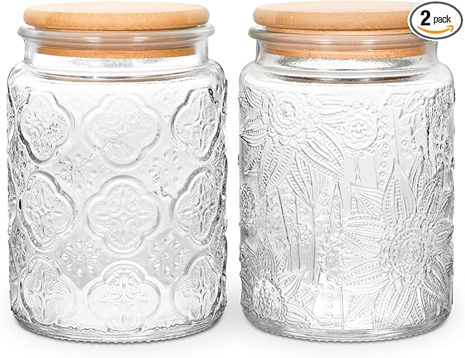 BEWAVE Vintage Glass Jar, 24oz Food Storage Containers Clear Mason Jars With Airtight Lid for Kitchen Counter,Coffee, Tea, Sugar, Candy, 2 Pack