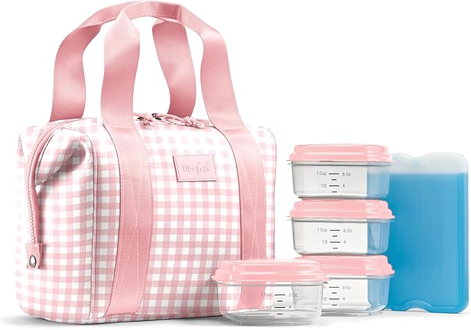 Fit & Fresh Remi Lunch Bag for Women Work – Neoprene Lunch Tote with Containers & Ice Pack, Reusable Meal Prep Lunch Box, Large Capacity, Machine Washable, Pink Gingham