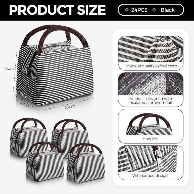 Chunful 24 Pcs Insulated Lunch Bag Bulk Reusable Thermal Lunch Box Waterproof Leakproof Tote Bag with Soft Liner for Women Men Office Work School Picnic Beach Fishing (Black)