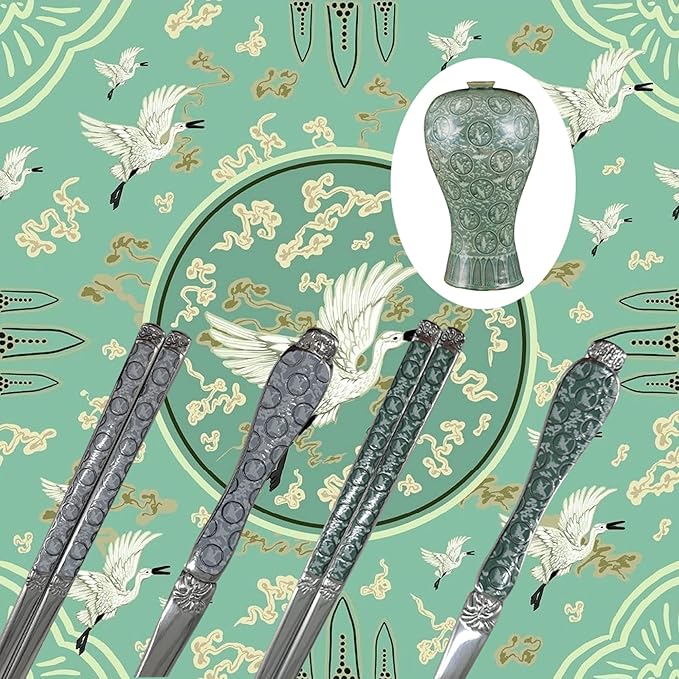Goryeo Celadon Design Korean Table Sticky Rice Spoon and Chopsticks 430 Stainless Steel Glossy Surface Mukbang Cutlery (White, 5 Sets)