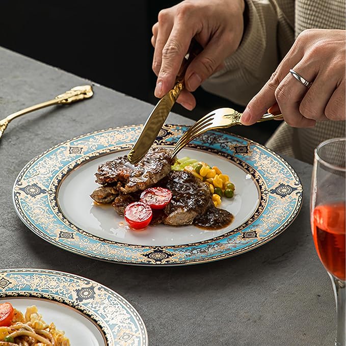 8 Piece Dinnerware Set for 4，Luxury Blue and Gold Porcelain Dinner Plate Set, Ornate Vintage Pattern Ceramic Tableware for Fine Dining, Wedding, Home Decor, Premium Dish sets for Steak and Dessert