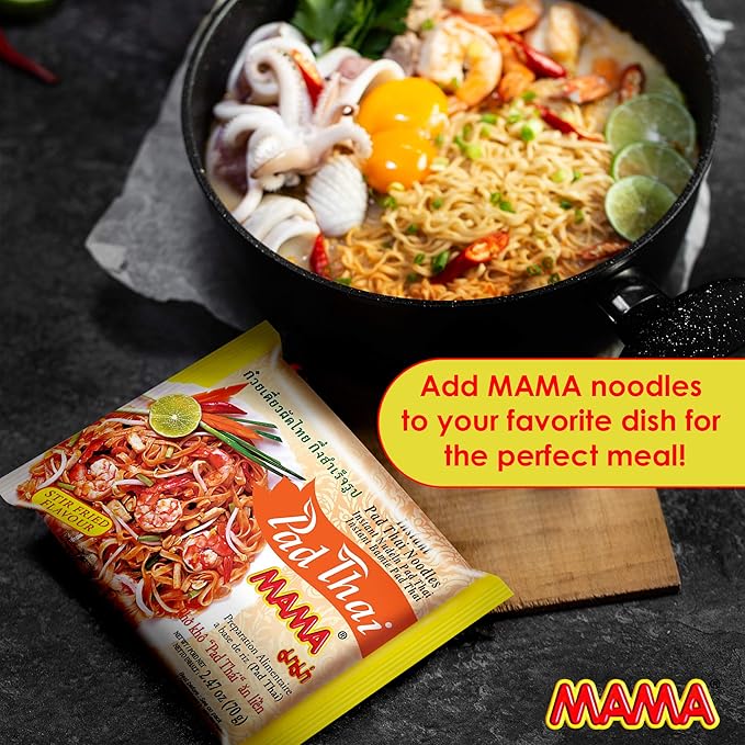 MAMA Noodles Pad Thai Instant Spicy Noodles w/Delicious Thai Flavors, Hot & Spicy Noodles w/Pad Thai Soup Base, No Trans Fat w/Fewer Calories Than Deep Fried Noodles 30 Pack