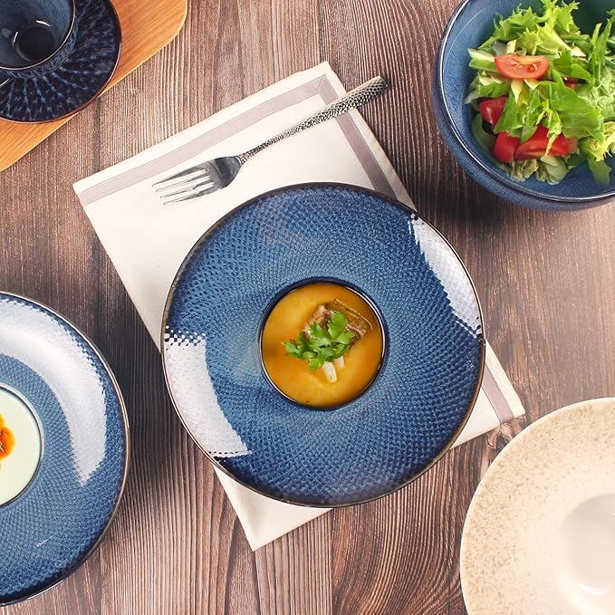 Soup Bowls, Soup Plates, 5.1 oz, Porcelain Pasta Bowl Set of 4, Wide edge Shallow Bowl Plates, Rimmed Bowls with Rim, Best choice for high-end restaurants and foodies,Royal blue 9.8 Inch