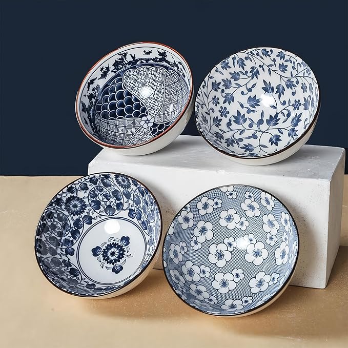 Ceramic Plates and Bowls Set, Japanese Style Dinnerware Set with Gift Box - Blue and White - 4 Rice Bowls and 2 Pasta Bowls - Kitchen Gifts for Women (Blue and White)