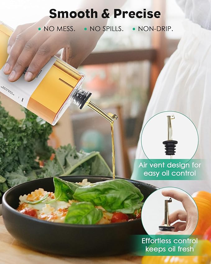 WISIMMALL Olive Oil Dispenser For Kitchen, Glass Oil Bottle 500ML Oil And Vinegar Dispenser Set Of 4 with 4 Stainless Steel Pourers & 44 Labels, Soy Sauce Dispenser, Coffee Syrup Bottles