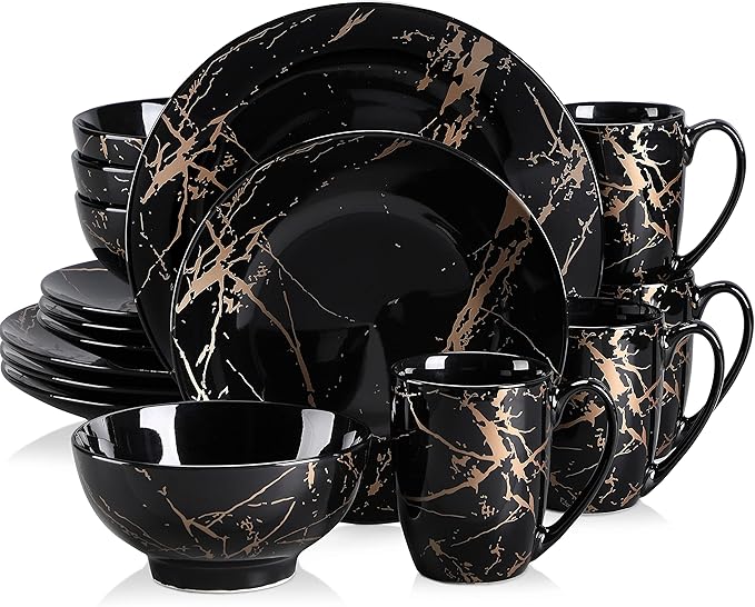 LOVECASA Black Plates and Bowls Sets for 4, Porcelain Dinnerware Sets 16 Piece Gold Splash Glaze Ceramic Dish Set, Round Dinner Set with Mugs, Dishwasher Microwave Safe