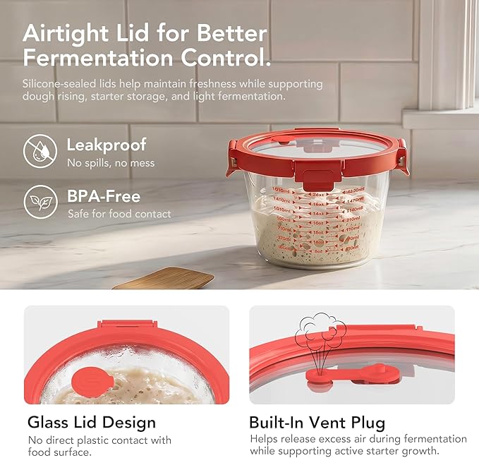 GENICOOK Glass Containers with Airtight Lids, 2-Piece Borosilicate Glass Baking Set (24oz & 71oz) for Sourdough Starter, Dough Mixing & Proofing, Wide Mouth with Easy-Read Measuring Marks, Microwave, Oven & Dishwasher Safe