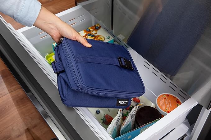 PackIt Freezable Essential Lunch Cooler, True Blue, Built with EcoFreeze Technology, Fully Freezable, Collapsible, Reusable, With Adjustable Crossbody Strap, Top Clip Handle, Designed for Fresh Office