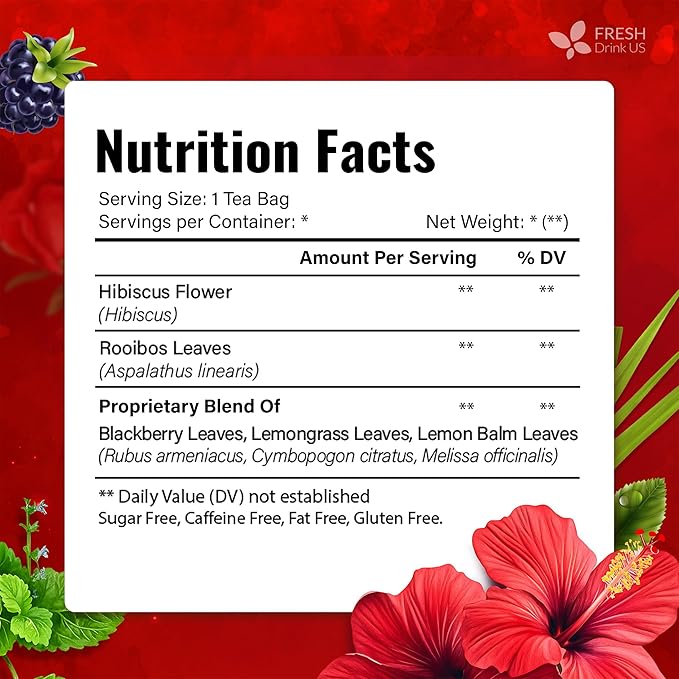 FreshDrinkUS, Hibiscus Bliss Tea | 75 Tea Bags | Herbal Tea Blend with Hibiscus Flower, Rooibos, Blackberry Leaves, Lemongrass & Lemon Balm – Naturally Caffeine-Free, Vibrant & Refreshing Tea. Vegan