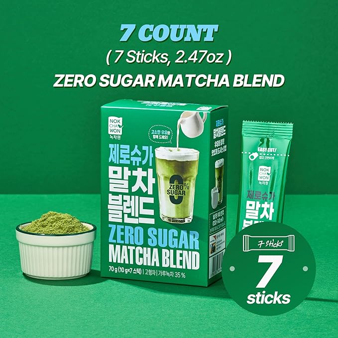 [Nokchawon] Sugar Free Matcha Green Tea Sticks (20 Count) - Instant Sweetened Powder Packets for Water Bottle - Zero Calorie Keto Friendly Energy for Travel and Office - 2.47 oz
