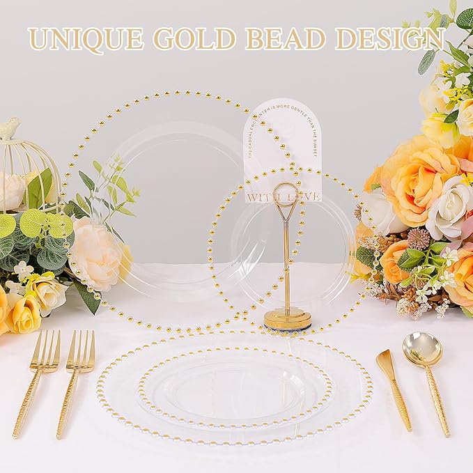 supernal 100pcs Clear Plastic Plates with Gold Beads-Clear and Gold Plastic Plates Disposable Heavy Duty-50 Dinner Plate 10.25inch and 50 Dessert Plate 7.5inch for Wedding,Birthday,Bridal Showers
