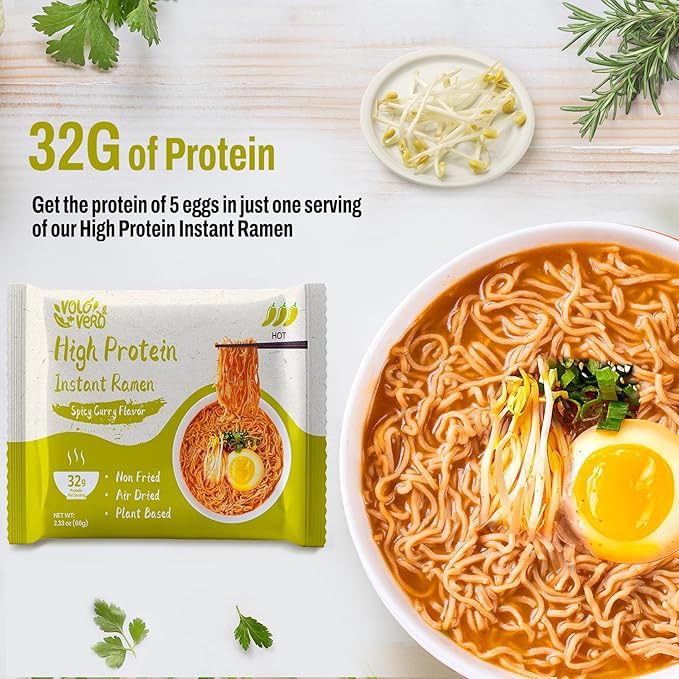 VOLO VERO High Protein (32g) Instant Ramen Noodles “Spicy” Curry Flavor Soup, 8 Pack, Vegan, Plant-Based, Low Fat, Non-Fried, Dairy-Free, Egg-Free, Non-GMO, Tasty Healthy Meal