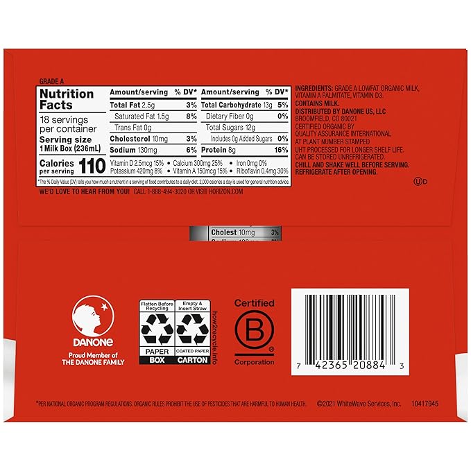 Horizon Organic Shelf Stable 1% Lowfat Milk Boxes, Pack of 18 - 8g Protein per Serving