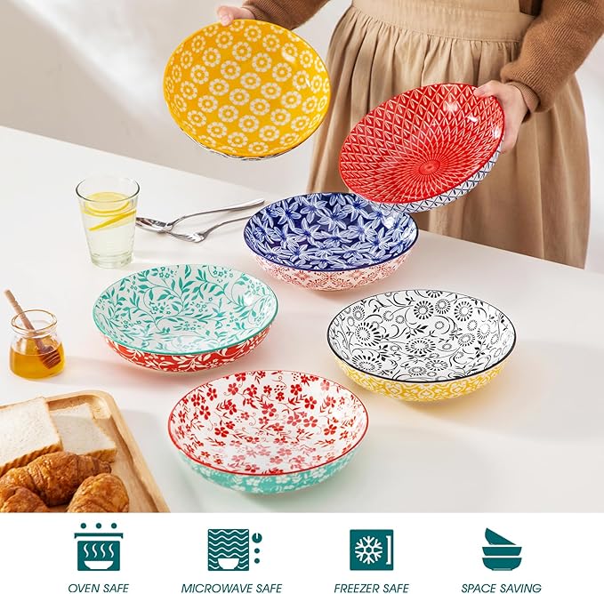 vancasso Selene 8.5" Pasta Bowls Set of 6, 40 oz Porcelain Shallow Salad Bowls, Serving Bowls Pasta Dishes Plates Large Kitchen Bowl Plates, Vivid Floral Design, Microwave Safe, Series SELENE