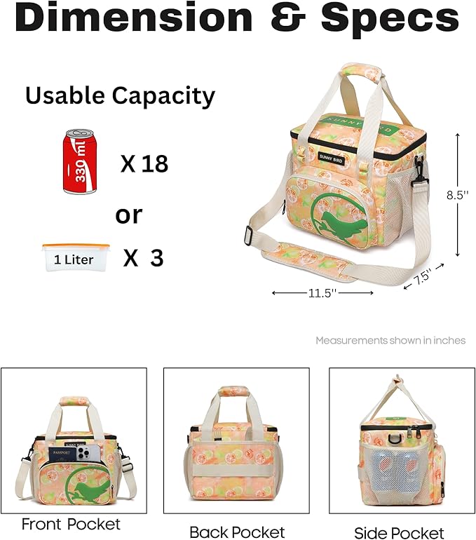 SUNNY BIRD 12L Large Insulated Lunch Bag, Leakproof and Foldable Lunch Cooler Box for Women Adult and Men, Fits 18 Cans (Grapefruit Pink)