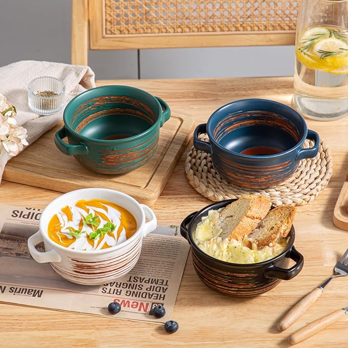 YUN TAO 21 oz French Onion Soup Bowls with Handles, Ceramic Soup Crocks for Ramen, Beef Stew, Pot Pies, Cereal, Oven & Dishwasher Safe - Set of 4