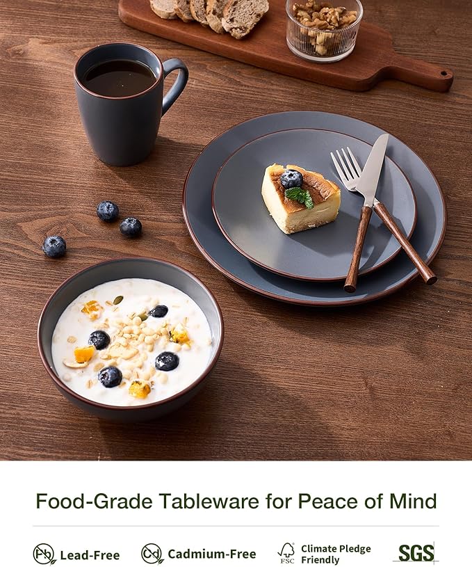 Famiware Venus 16-Piece Stoneware Dinnerware Sets with Mugs, Plates, Bowls, Service for 4, Matte Charcoal - Modern Ceramic Chip‑Resistant Dishes for Everyday & Formal Use, Microwave & Dishwasher Safe
