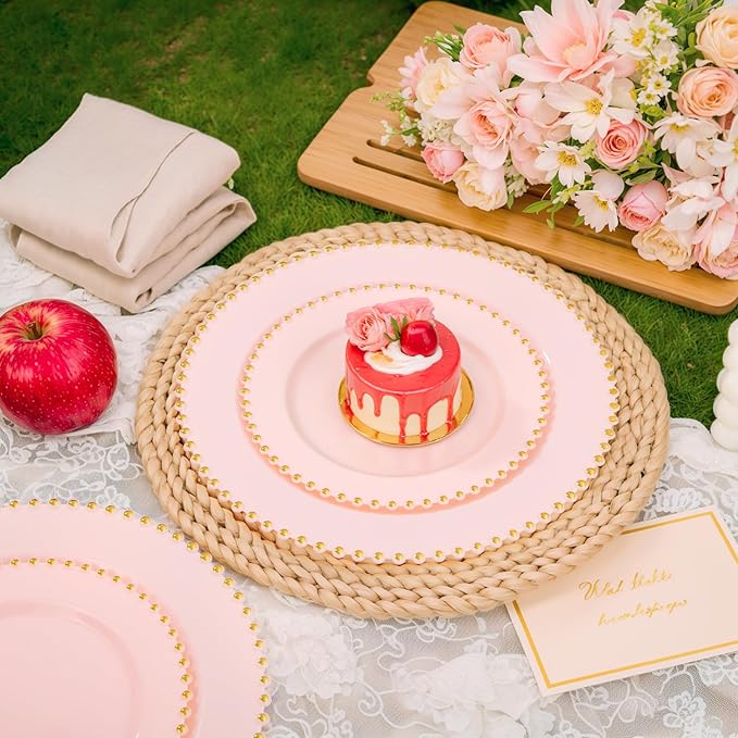 supernal 100pcs Pink Plastic Plates with Gold Beads Plates Disposable Heavy Duty Valentine's Day Decorations Includes 10 inch Dinner Plate and 7 inch Dessert Disposable Plate for Party,Wedding