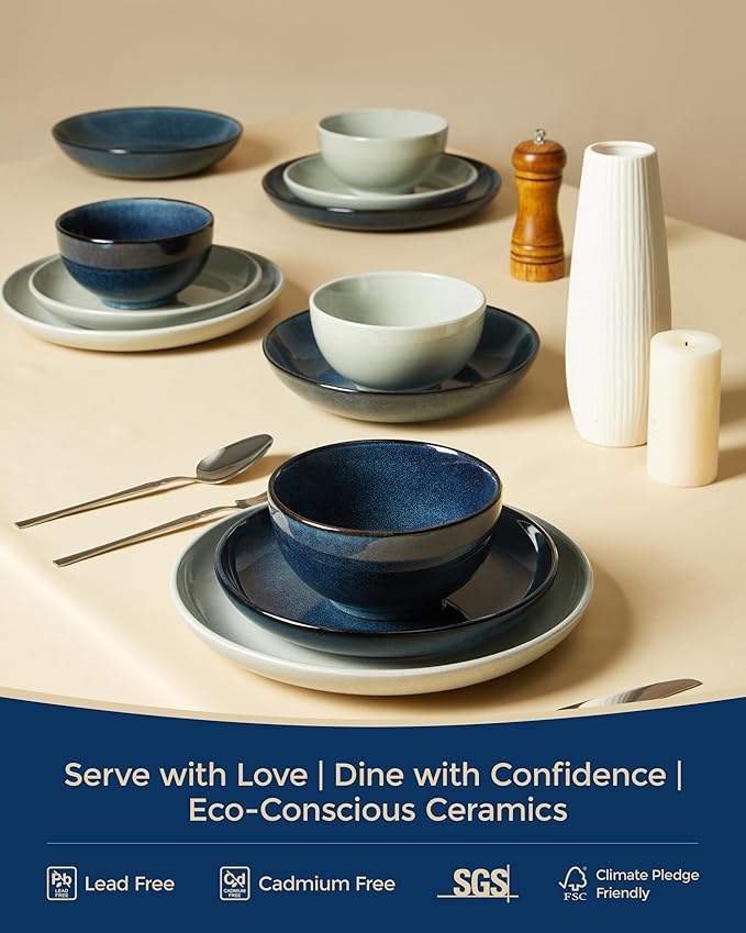 Pokini 16 Piece Double Bowl Dinnerware Sets with Pasta Bowls, Highly Chip and Crack Resistant Plates and Bowls Sets, Natural Earthyware Ceramic Dishware Sets, Service for 4 Starry Blue