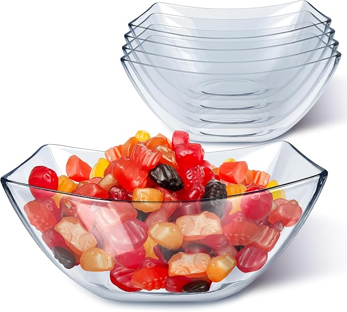 16oz Clear Plastic Serving Bowls (4 Pack) Small Disposable Candy Dishes, Square Plastic Buffet Containers for Chips, Snacks, Mints, Salad Bar, Snack Bowl Parties, Office, Bridal Shower, Party Supplies