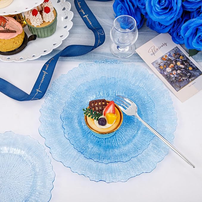 U-QE 60PCS Clear Blue Plates - Blue Plastic Fathers Day Plates Disposable&Reusable - Heavy Duty Plastic Plate for Fathers Day, Party&Wedding Including 30 Dinner Plate 10" & 30 Appetizer Plate 7"