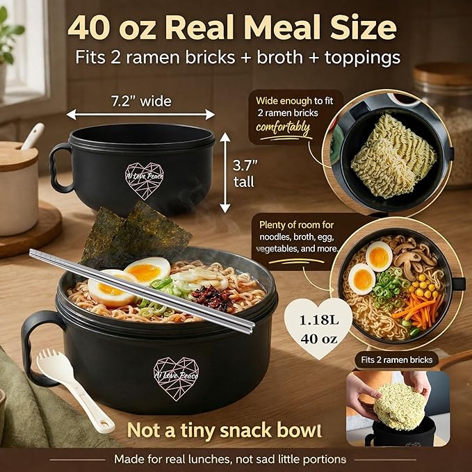 AI LOVE PEACE Microwaveable Ramen Noodle Bowl Cooker 40oz for Ramen, Rice, Pho, Soup, and Pasta, Dishwasher Safe and Portable, Ideal for Home, Office, Dorm, or Gift (Red)
