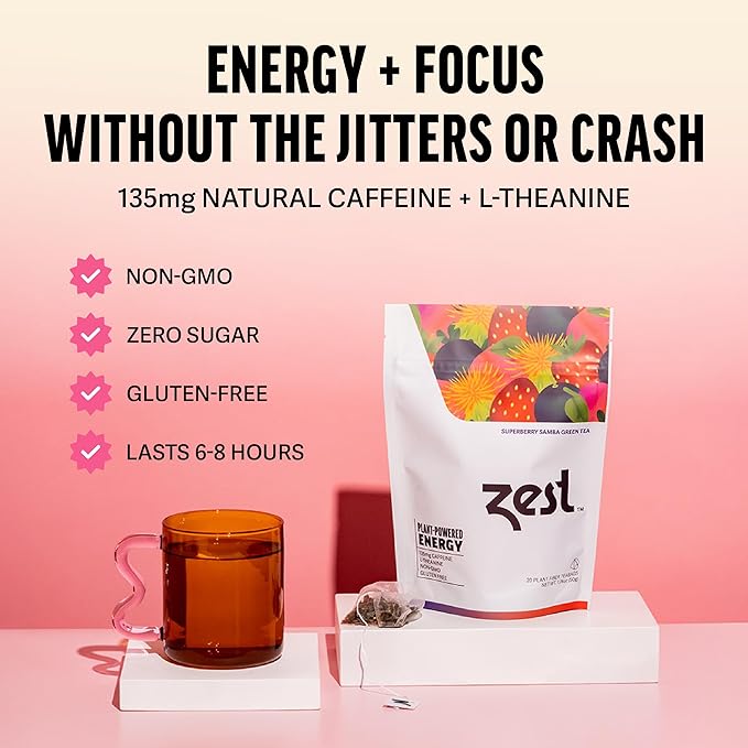 Zest Energy Green Tea - Superberry Samba - High Caffeine Strawberry, Acai, & Passion Fruit Tea - Caffeinated Coffee Altnernative with Antioxidants - Natural, Non-GMO & Keto - 20Ct Pack - 135mg Caf