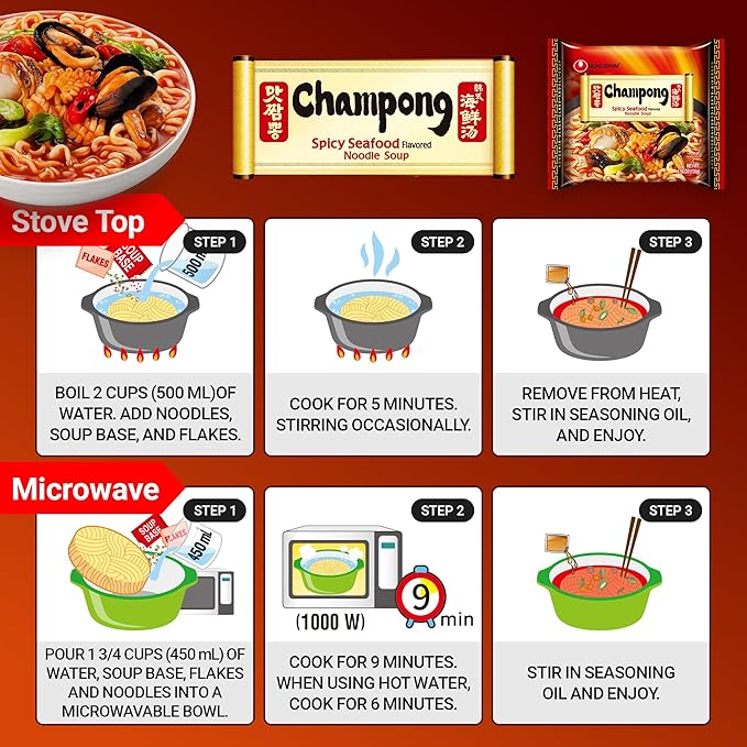 Nongshim Champong Ramyun Noodles, Smoky & Spicy Seafood Flavored Korean Instant Ramyun, Bold & Savory Noodles Soup, Korean Pantry Essential, 4.58 oz (Pack of 4)