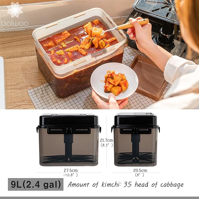 SMART Automatic Press Plate Food Storage Container for Kimchi Sauerkraut Pickle Fermentaion/Airtight Lid Food Storage Container for Preserved Food Bulk Fermentation (9L / 2.4 gal)