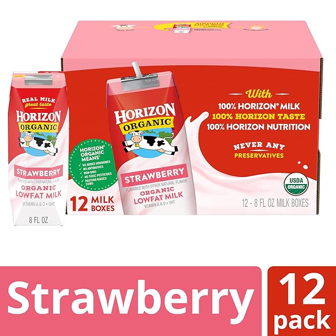 Horizon Organic Shelf Stable 1% Lowfat Strawberry Milk Boxes, Pack of 12 - 8g Protein per Serving