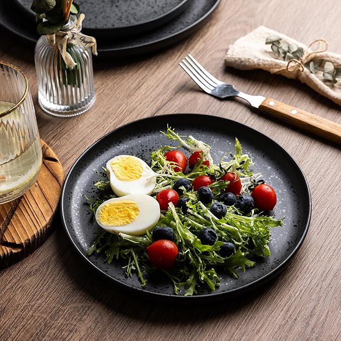 AmorArc Ceramic Dinner Salad Plates Set of 6, Wavy Rim 8.5 Inch Dish Set, The Dessert,Salad, Appetizer, Small Dinner etc Plate,Microwave, Dishwasher Safe, Scratch Resistant - Matte Speckled