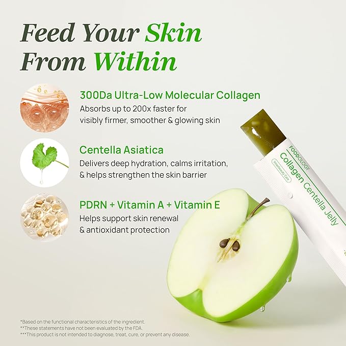 FOODOLOGY Collagen Centella Jelly (Green Apple) – Collagen Peptide with PDRN – Biotin, Vitamin A & E for Skin Glow, Hair & Nails – Korean Beauty Supplement – 10 Sticks