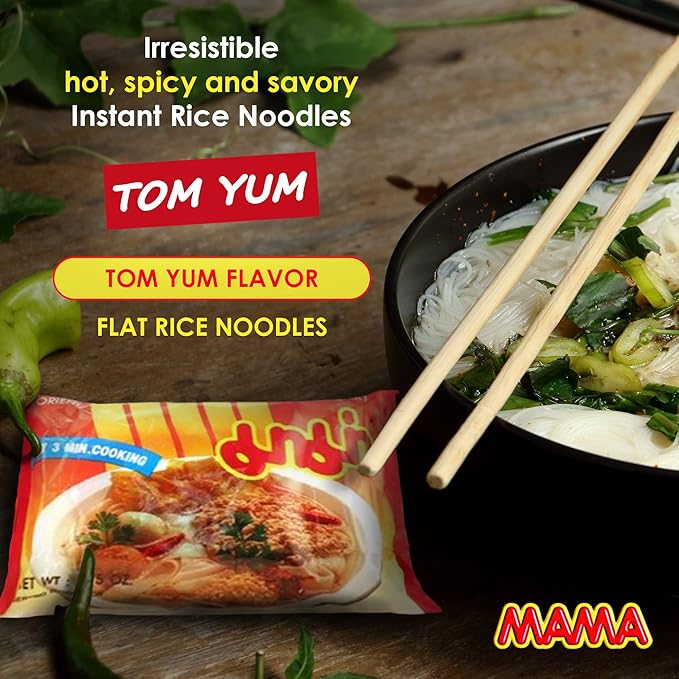 MAMA Noodles Creamy Shrimp Tom Yum Instant Spicy Noodles w/Delicious Thai Flavors, Hot & Spicy w/Creamy Shrimp Tom Yum Soup Base, No Trans Fat w/Fewer Calories Than Deep Fried Noodles 30 Pack