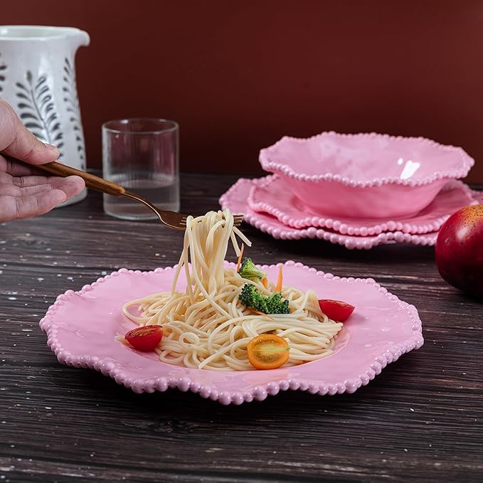 Pink Beaded Dinner Plates sets, 11 inch Unbreakable Melamine Plate Set of 6, Lightweight Dinnerware Plates, 6 Piece big Salad Plates Set, Chip Resistant Camping Dishes