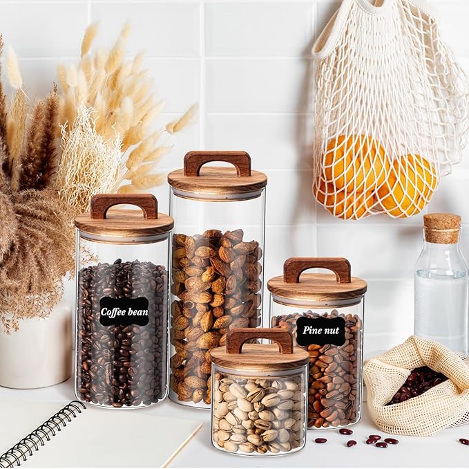 Layhit 4 Pcs Glass Food Storage Jars with Airtight Wood Lid Storage Jars Containers with Stickers Marker for Candy, Cookie, Rice, Sugar, Flour, Pasta, Nuts, 4 Size(Cylindrical)