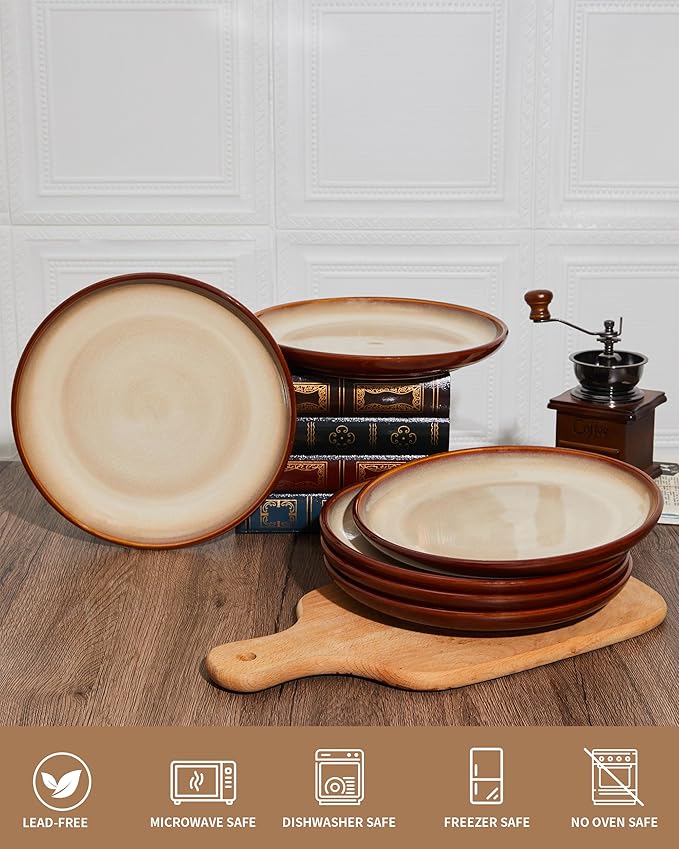 Pokini 10 Inch Dinner Plates Set of 6, Stoneware Round Salad Dessert Plates, Serving Plates, Microwave & Dishwasher Safe, Brown and Yellow