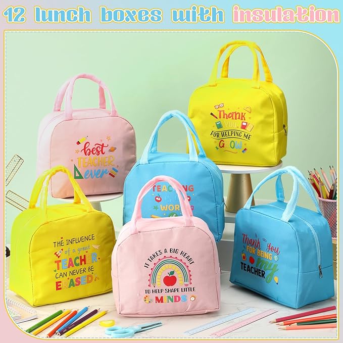 Teacher Appreciation Gifts Bulk Back to School Thank You Insulated Lunch Bags Teacher Reusable Lunch Bags Leakproof Totes End of Year Appreciation Gift for Men Women(12 Pcs,Lively)