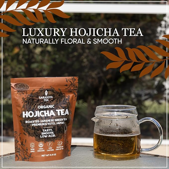 Organic Hojicha Green Tea Loose Leaf | Japanese Roasted Green Tea | Naturally Low Caffeine | Smooth Toasted Nutty Flavor | 4.4 oz Bulk Bag | Antioxidant Rich | Hot or Iced | Non-GMO