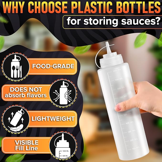 10-Pack Plastic Condiment Squeeze Bottles 36 oz – Refillable Squirt Bottles with Narrow Tip, Leak-Resistant | Great for Oil, Sauces, Ketchup, Mayonnaise, Syrup, Dressing, Summer BBQ and Catering Use