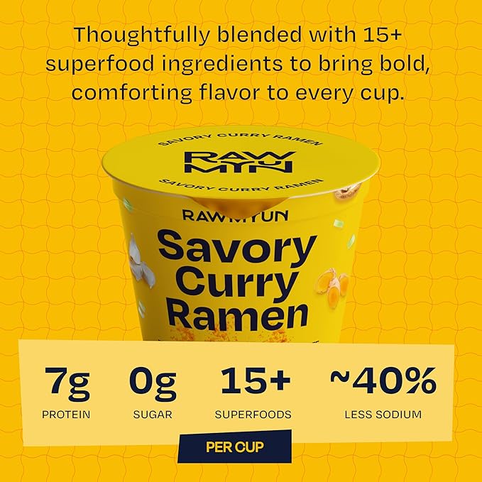 RAWMYUN Gluten Free Healthy Korean Ramen Vegan Superfood Clean Ingredients Plant-Based Cup Noodles made with Organic Rice Noodles Instant Soup | No MSG, Non-GMO, Real Ingredients (6 Savory Curry)