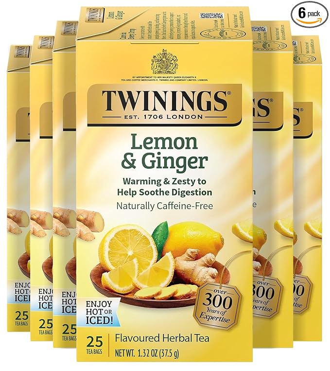 Twinings Lemon & Ginger Herbal Tea Individually Wrapped Bags, 25 Count (Pack of 6), Spicy Ginger, Lemon Peel, & Lemongrass, Naturally Caffeine-Free, Enjoy Hot or Iced, 150 Teabags