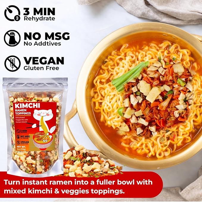 Dried Kimchi Ramen Toppings 6oz - 5 Ingredients Korean-Style Dehydrated Vegetable Mix, Vegan, No MSG, Preservative Free, Dried Vegetables for Instant Ramen Noodles, Soup (170g)