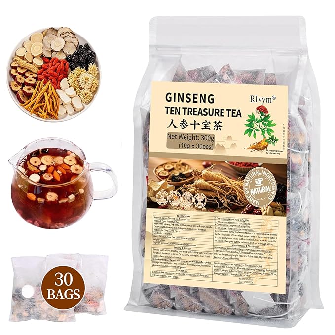 30Pcs Ginseng Ten Treasures Tea, Chinese Traditional Kidney Care Herbal Tea, Natural Kidney Cleanse Detox Tea for Women & Men, 10 Precious Ingredients Formula(30Bags, 300g)
